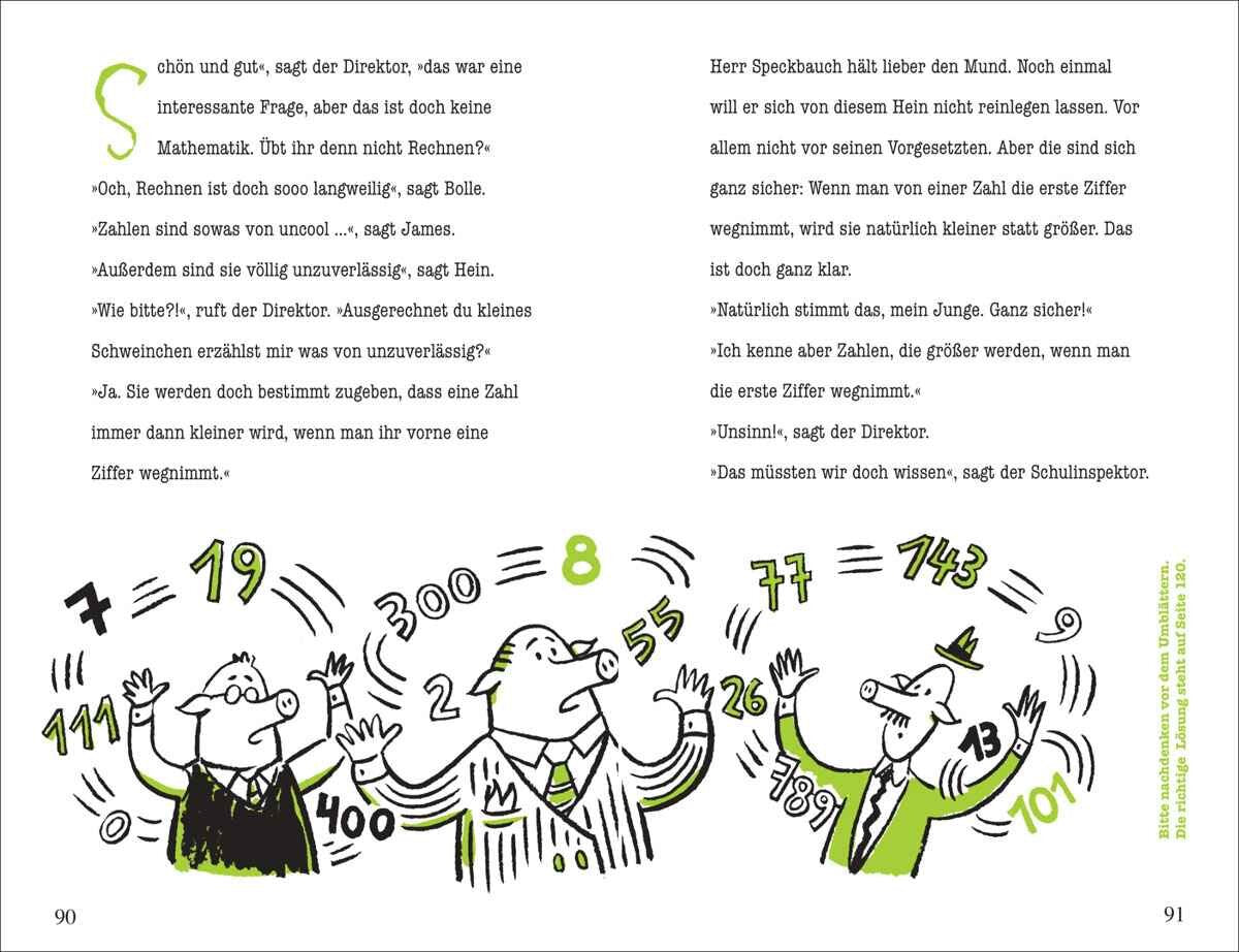 Illustration von drei fröhlichen Schweinen in Anzügen, die Zahlen in die Luft werfen, mit mathematischem Text im Hintergrund.