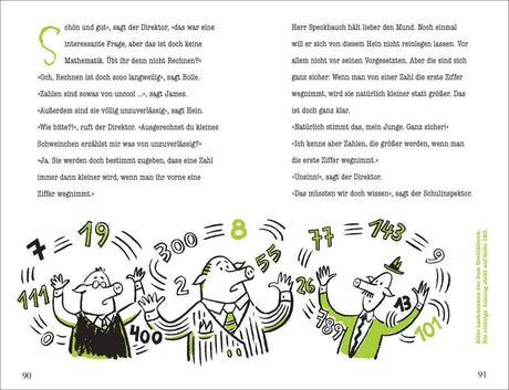 Illustration von drei fröhlichen Schweinen in Anzügen, die Zahlen in die Luft werfen, mit mathematischem Text im Hintergrund.