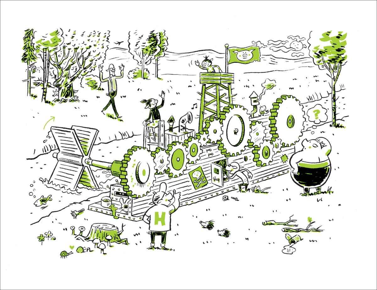 Zeichnung mit Tieren, Menschen, Gears, Baum, Flagge, Pilzen, Werkzeug und Natur im Comic-Stil, hauptsächlich in Grün, Schwarz
