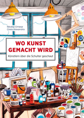 Buntes Künstleratelier mit Malfarben, Pinseln, Leinwänden, Lampen und Fenster im Hintergrund.