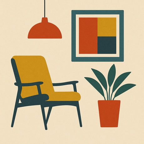 Illustration eines Stuhls, eines Wandbildes und einer Topfpflanze, mit einer Lampe.