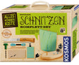 Bastelset zum Schnitzen eines Schiffes mit Holzblock, Messer, Bohrer, Schnur und Stoffsegel, für Kinder ab 8 Jahren.
