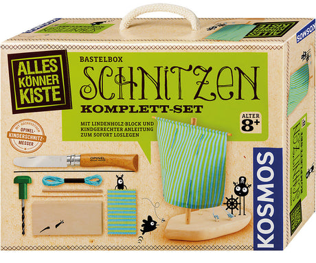 Bastelset zum Schnitzen eines Schiffes mit Holzblock, Messer, Bohrer, Schnur und Stoffsegel, für Kinder ab 8 Jahren.