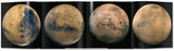 Vier Aufnahmen des Planeten Mars in unterschiedlichen Ansichten.