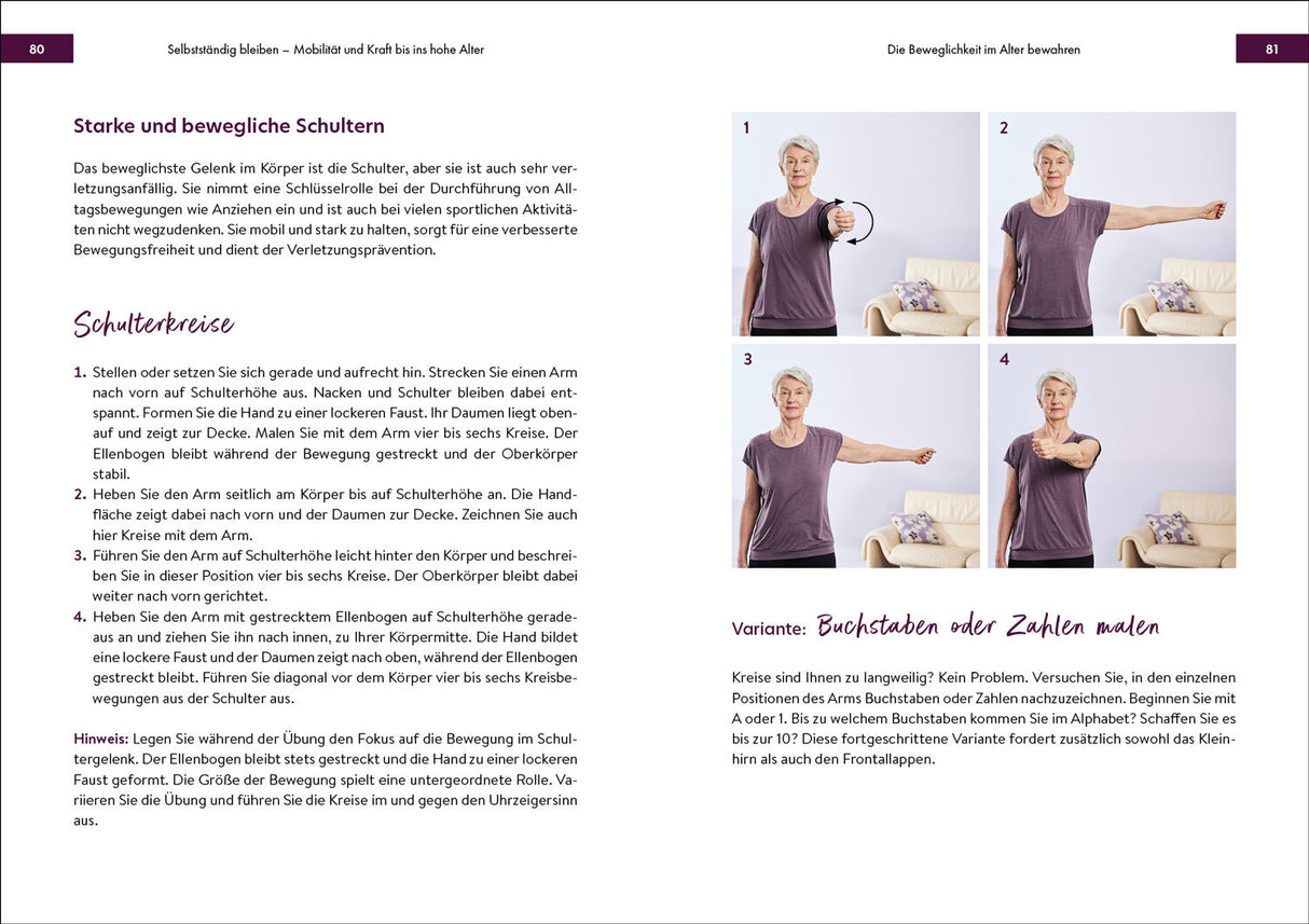 Vier Fotos einer älteren Frau, die Schulterkreise in verschiedenen Positionen ausführt.