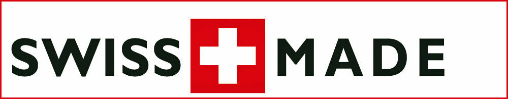 "SWISS MADE-Logo mit rotem Kreuz in der Mitte, schwarzer Text auf weißem Hintergrund."