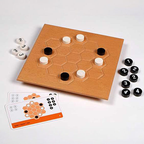 Holz-Board mit weißen und schwarzen Spielsteinen, Spielanleitung und Würfel, für ein strategisches Brettspiel.