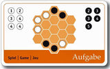 Hexagonale Spielplatte mit schwarzen und weißen Steinen, daneben nummerierte Kreise und die Bezeichnung "Aufgabe".