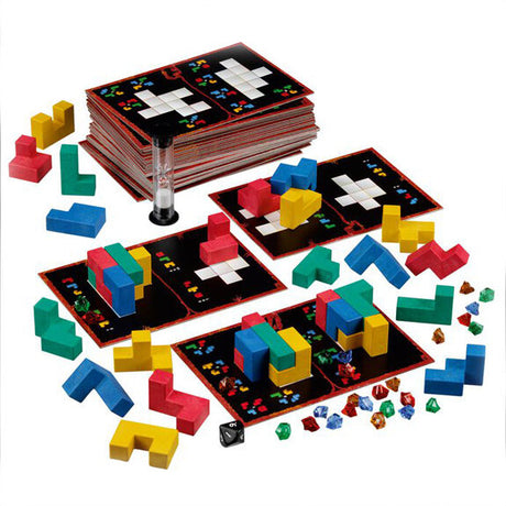 Bilder von Tetris-Spielmaterial, Spielkarten, Würfeln und bunten Steinen auf weißem Hintergrund.