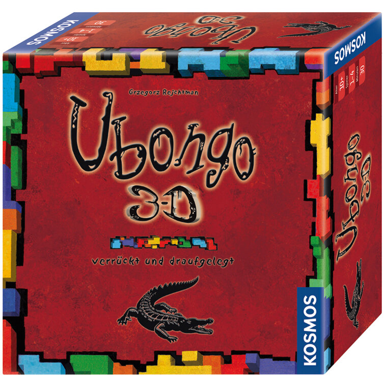 Brettspiel-Box mit rotem Hintergrund, bunten Puzzlestücke, Krokodil und Spieltitel "Ubongo 3D" auf der Vorderseite.