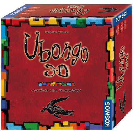 Brettspiel-Box mit rotem Hintergrund, bunten Puzzlestücke, Krokodil und Spieltitel "Ubongo 3D" auf der Vorderseite.