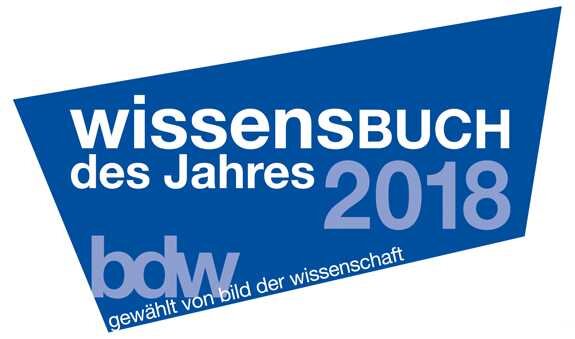 Blauer, dreieckiger Titel mit weißen und lila Text: "Wissensbuch des Jahres 2018" und "gewählt von bild der wissenschaft".