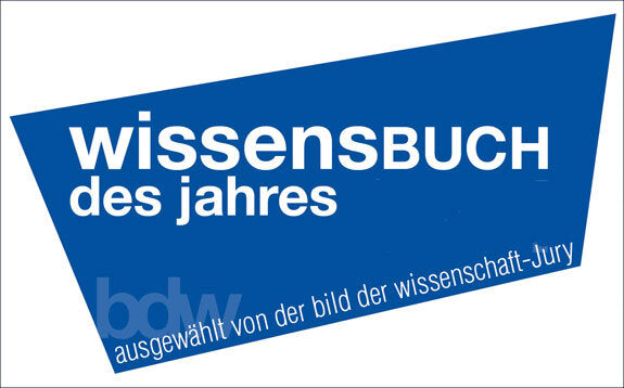 Blaue, dreieckige Grafik mit weißen und hellblauen Texten, Titel: "Wissensbuch des Jahres"