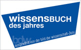 Blaue, dreieckige Grafik mit weißen und hellblauen Texten, Titel: "Wissensbuch des Jahres"
